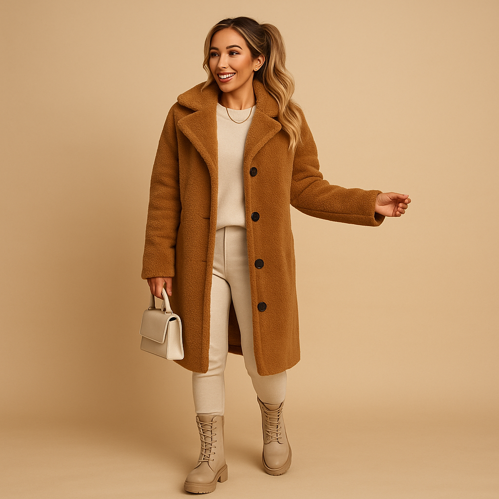 Women’s long teddy coat in soft fabric with elegant silhouette, perfect for winter warmth and stylish city or formal looks.