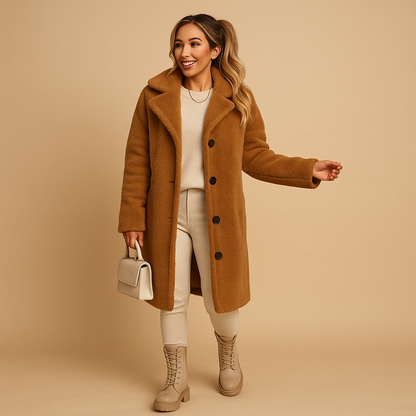 Long teddy coat for women in soft beige, featuring an elegant cut and ultra-soft texture for warmth, comfort, and versatile winter style.