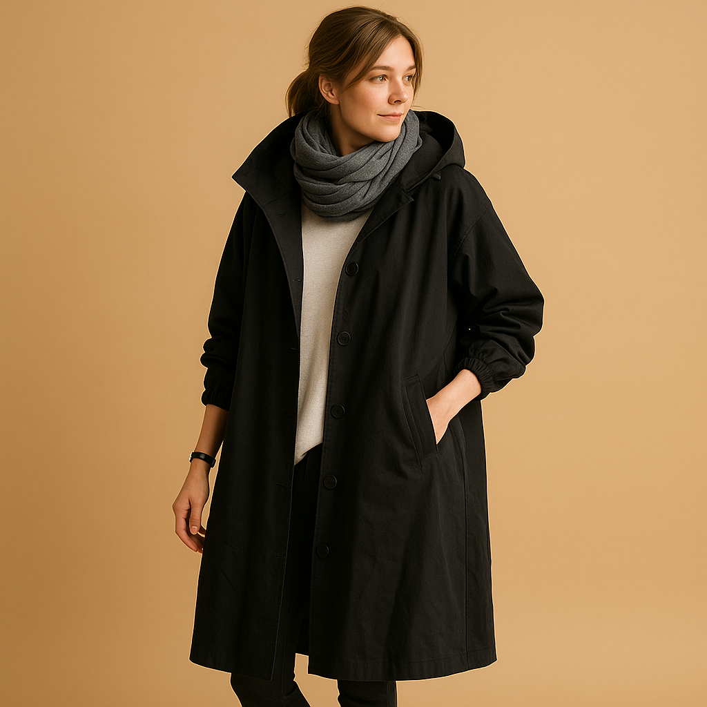 Women’s long waterproof raincoat with adjustable waist, breathable design, removable hood, and belt, suitable for daily wear and rainy conditions.