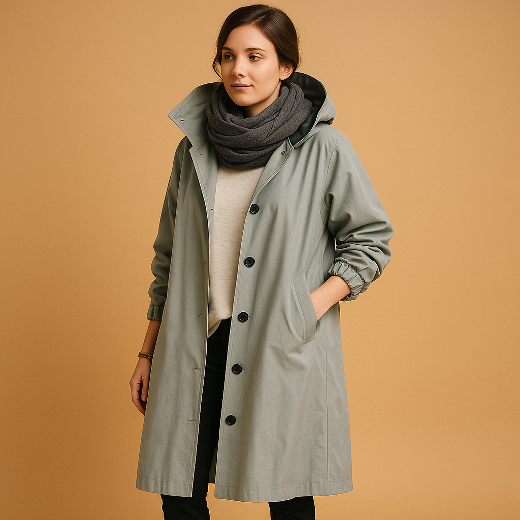 Women’s long waterproof raincoat with adjustable waist, breathable design, removable hood, and belt, suitable for daily wear and rainy conditions.