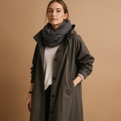 Clara long waterproof raincoat for women with breathable fabric, adjustable waist, removable hood, and belt. Available in Green, Beige, and Black.
