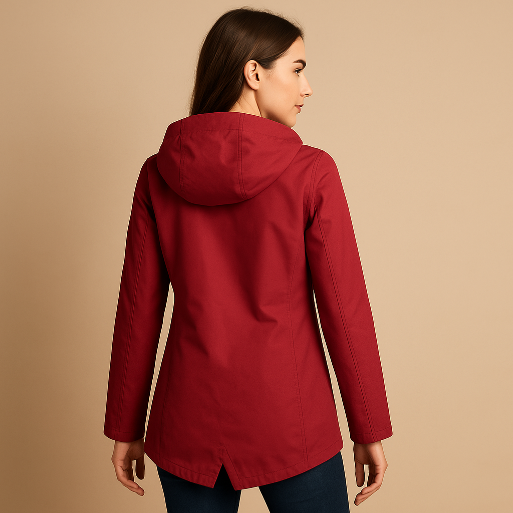 Women’s long waterproof raincoat with hood and breathable design, suitable for rainy days, commuting, and everyday outdoor wear.