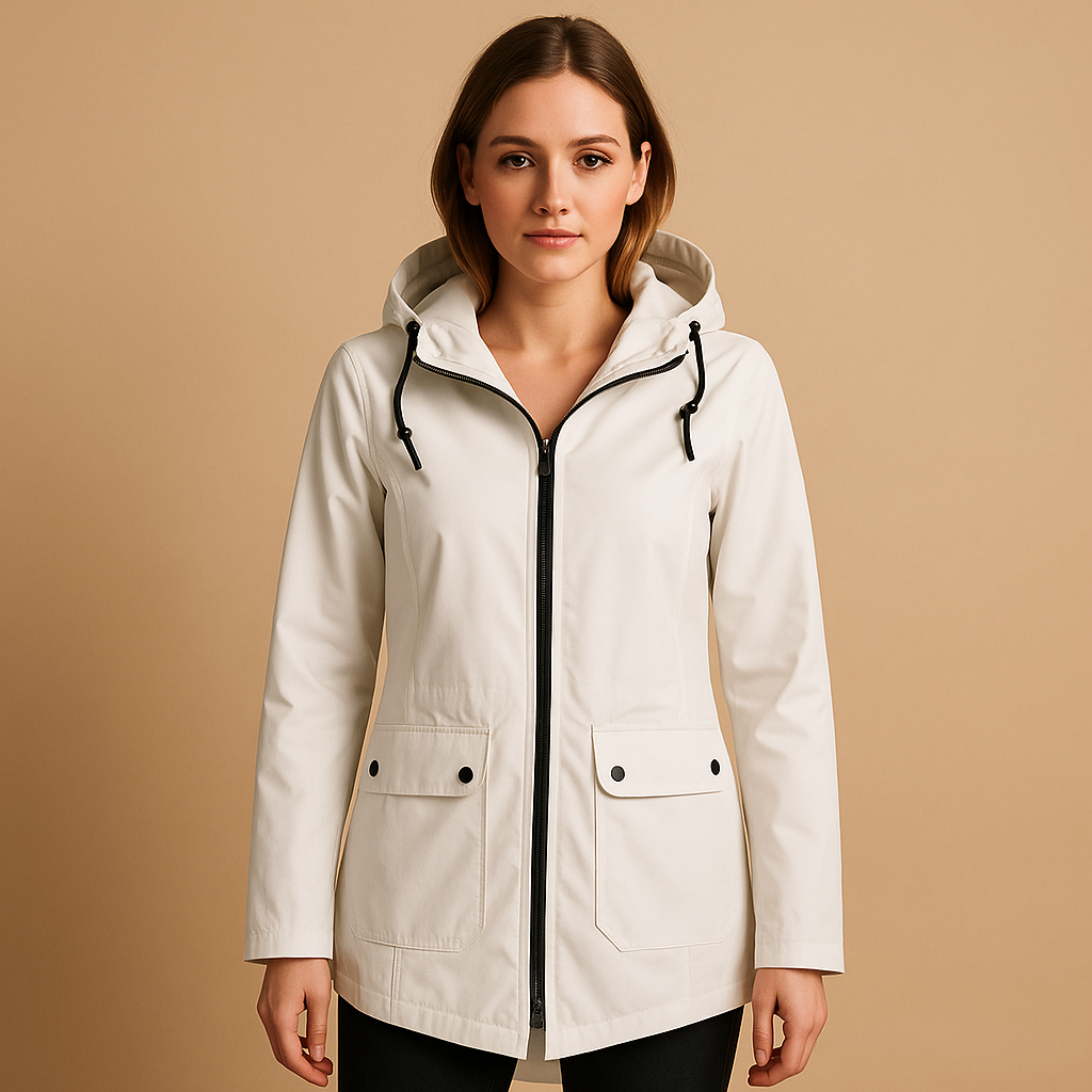 Women’s long waterproof raincoat with hood and breathable design, suitable for rainy days, commuting, and everyday outdoor wear.