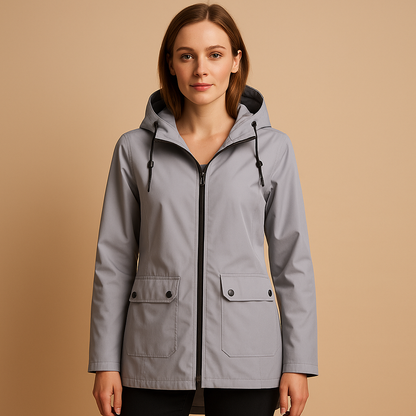Women’s long waterproof raincoat with hood and breathable design, suitable for rainy days, commuting, and everyday outdoor wear.