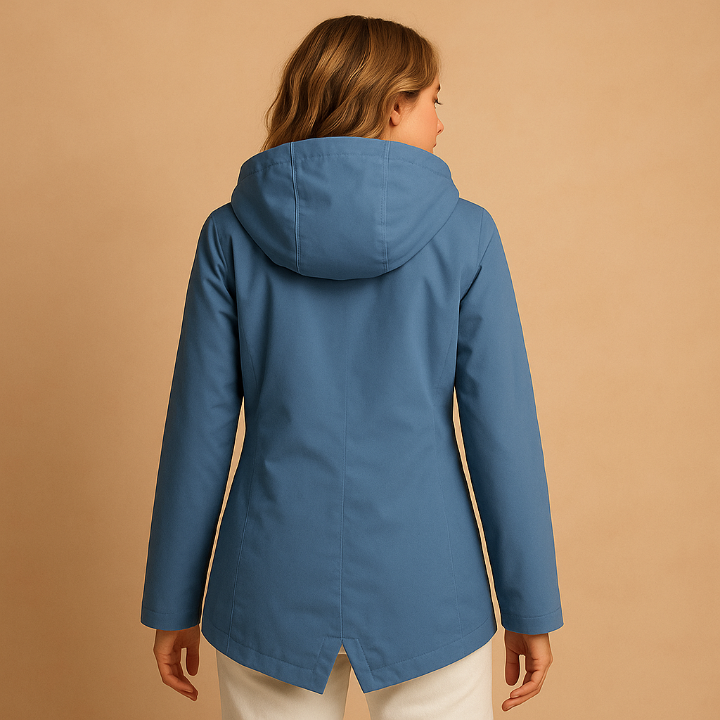 Women’s long waterproof raincoat with hood and breathable design, suitable for rainy days, commuting, and everyday outdoor wear.