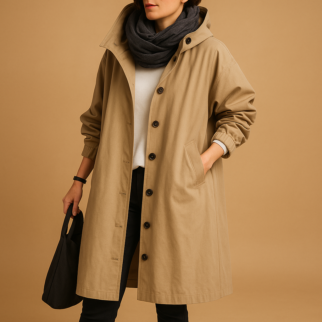 Women’s long waterproof raincoat with breathable fabric, detachable hood, and belt. Stylish design with adjustable waist in green, beige, and black.