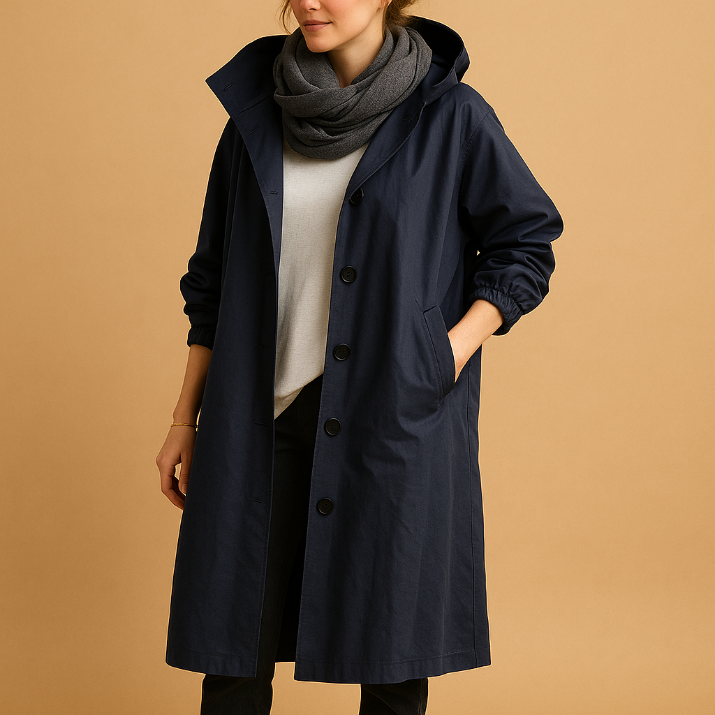 Women’s long waterproof raincoat with breathable fabric, detachable hood, and belt. Stylish design with adjustable waist in green, beige, and black.
