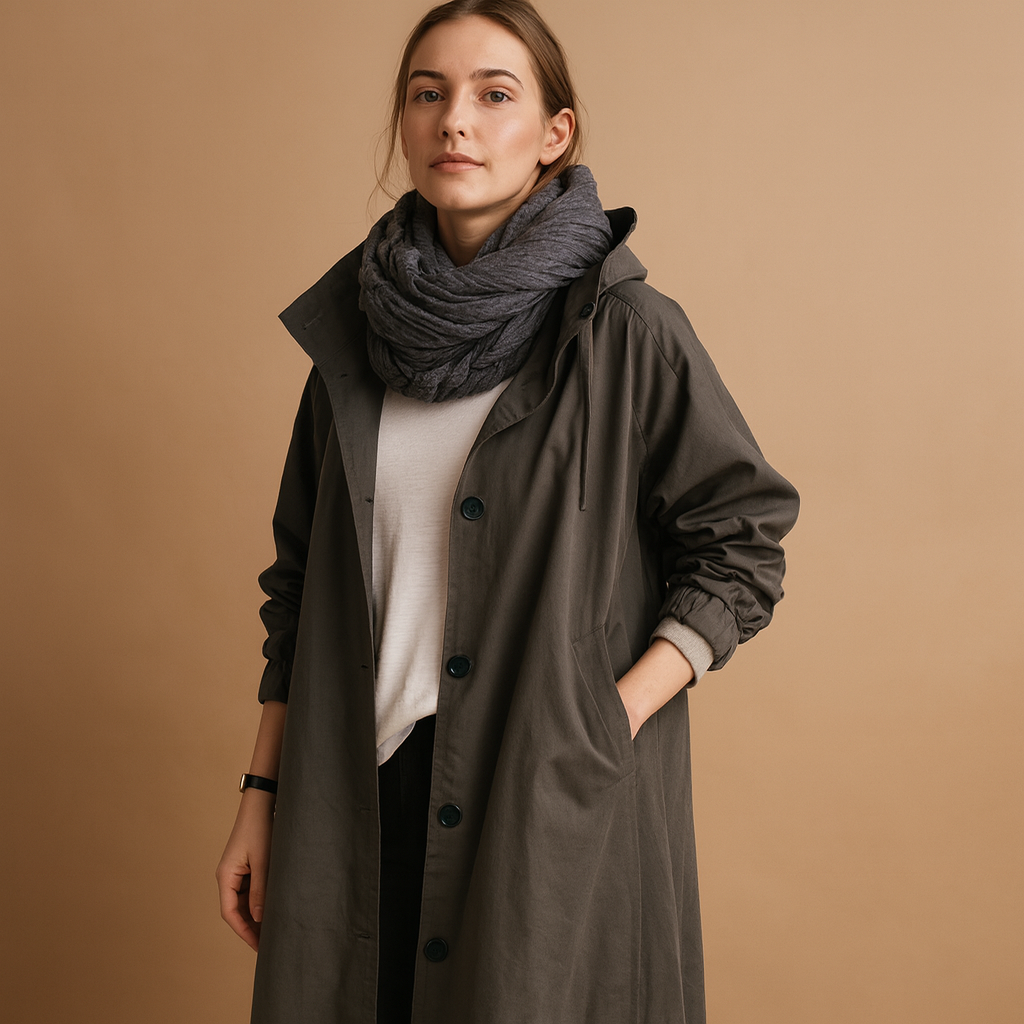 Women’s long waterproof raincoat with breathable fabric, detachable hood, and belt. Stylish design with adjustable waist in green, beige, and black.