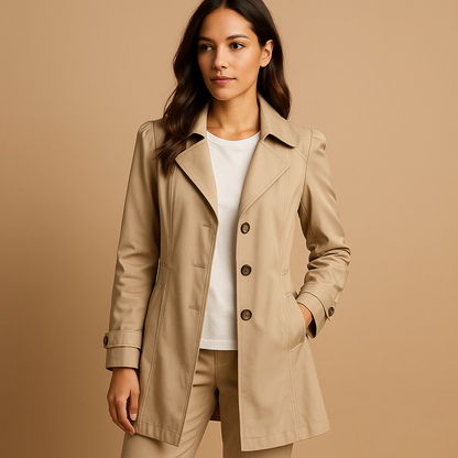 Women’s long windproof raincoat with adjustable waist and hood, breathable lining, and elegant design. Available in black, ivory, khaki, and pink.