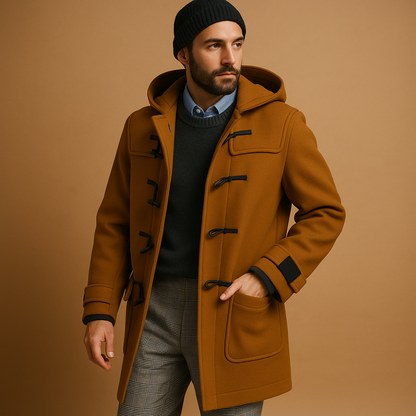 Men’s long winter coat with extended cut, designed for warmth, comfort, and everyday winter wear in cold weather.