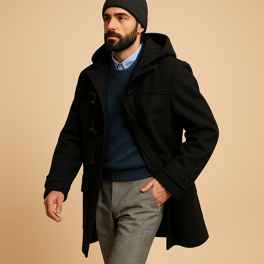 Long winter coat for men with insulating material and stylish design, perfect for work, winter walks, and everyday wear.