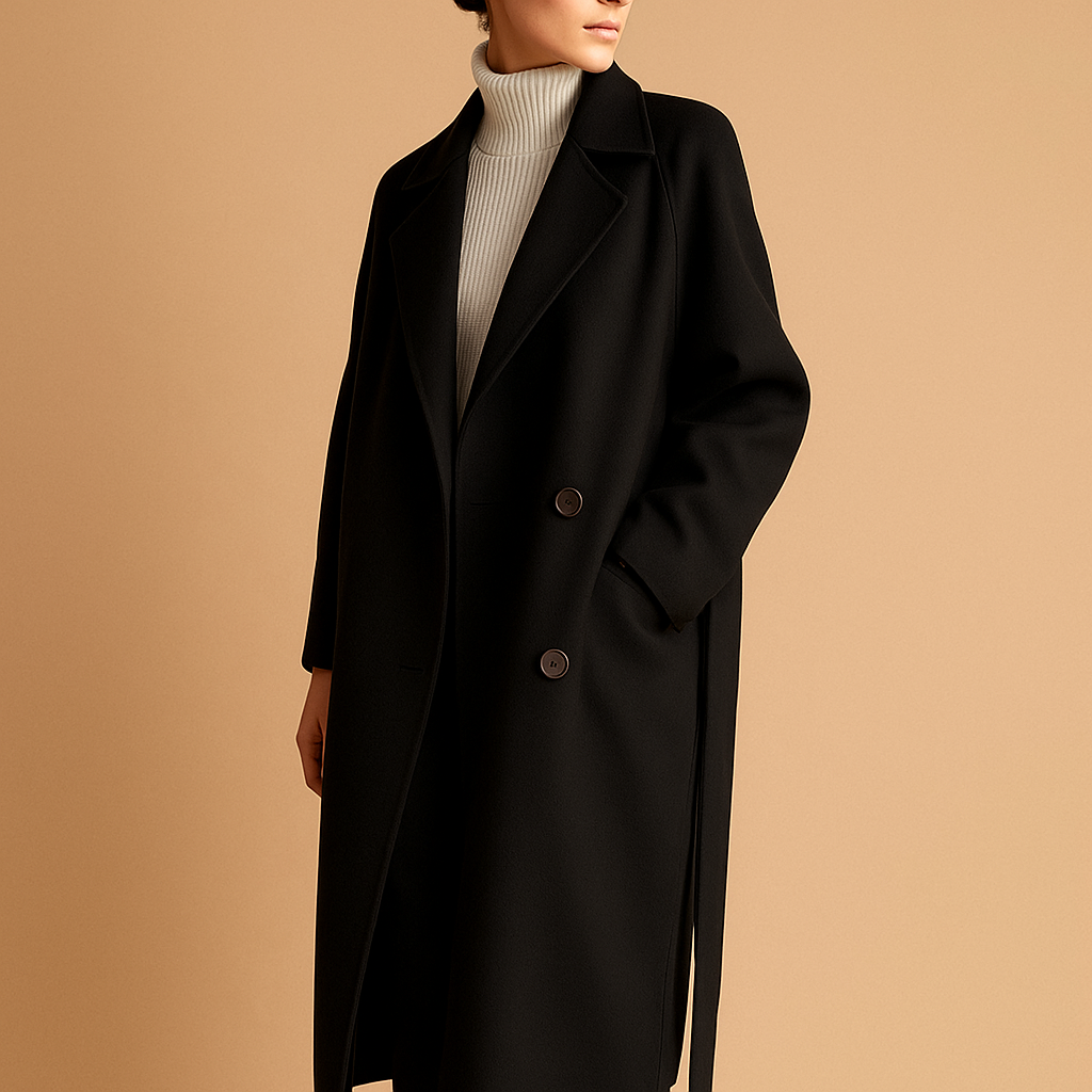 Women’s long winter coat with a tailored fit and timeless silhouette, suitable for cold days, everyday wear, and formal or casual outfits.