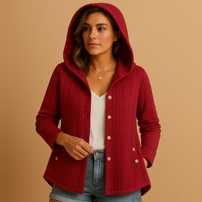 Women’s long winter coat with hood and button closure, designed for cold days, layering, and everyday city wear.