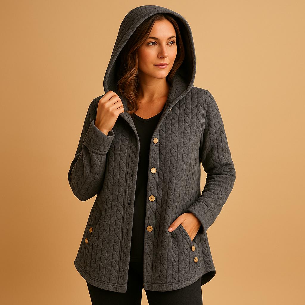 Women’s long winter coat with hood and button closure, designed for cold days, layering, and everyday city wear.