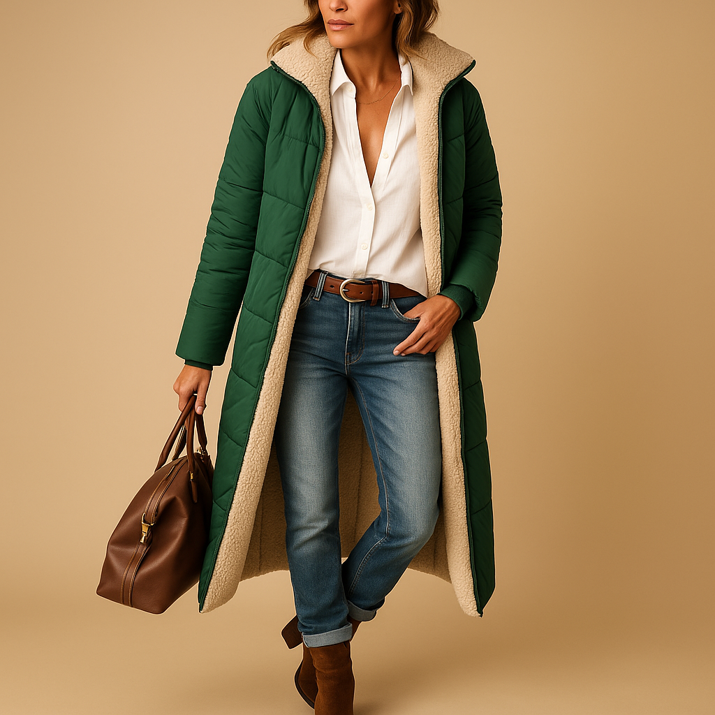 Women’s long winter coat with modern cut, high-quality insulation, and elegant design. Available in black, beige, and navy blue.