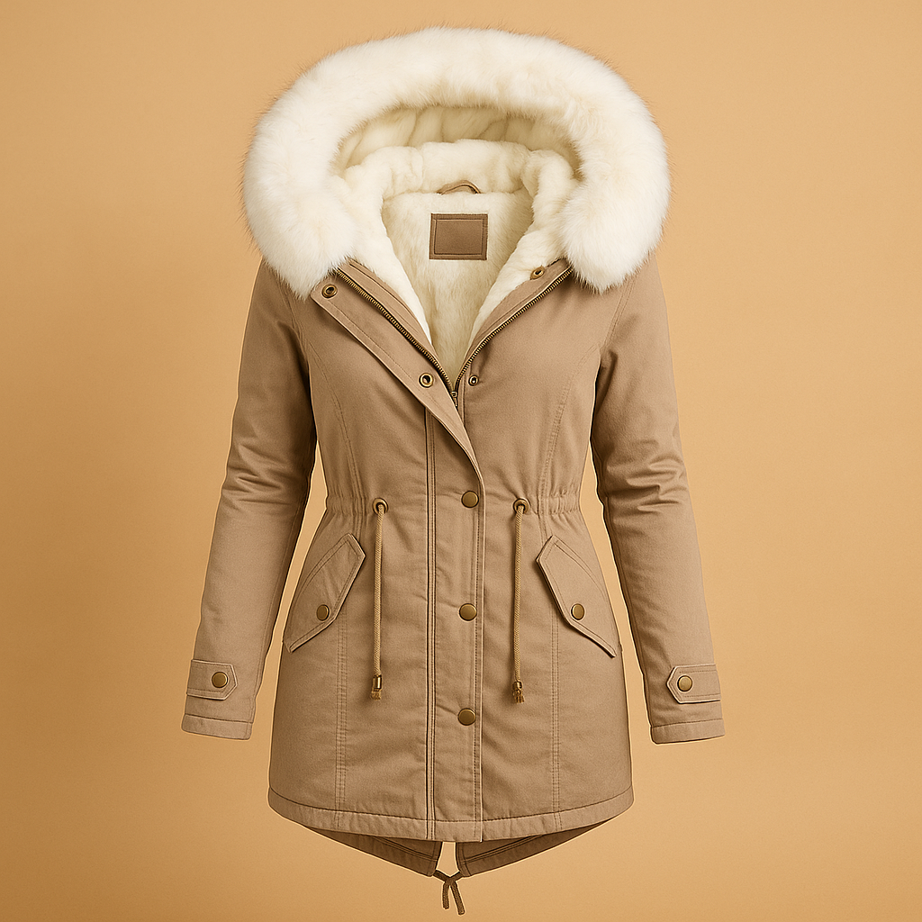 Long winter coat with faux fur hood for women | Amara - Nocini
