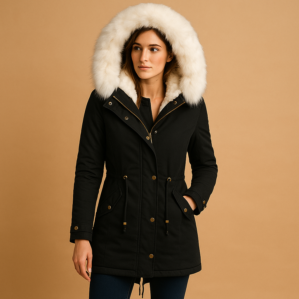 Women’s long winter coat with a faux fur hood, warm lining, and elegant fit, suitable for cold weather, winter walks, city trips, and travel.