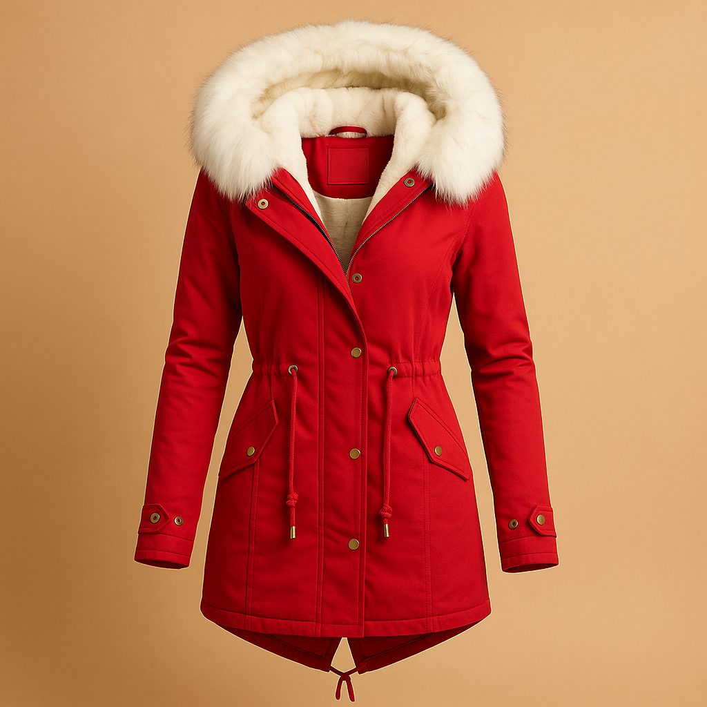 Women’s long winter coat with a faux fur hood, warm lining, and elegant fit, suitable for cold weather, winter walks, city trips, and travel.