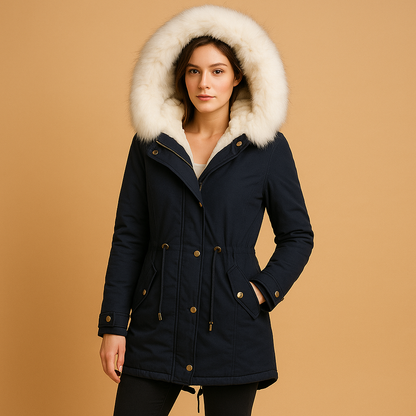 Women’s long winter coat with a faux fur hood, warm lining, and elegant fit, suitable for cold weather, winter walks, city trips, and travel.