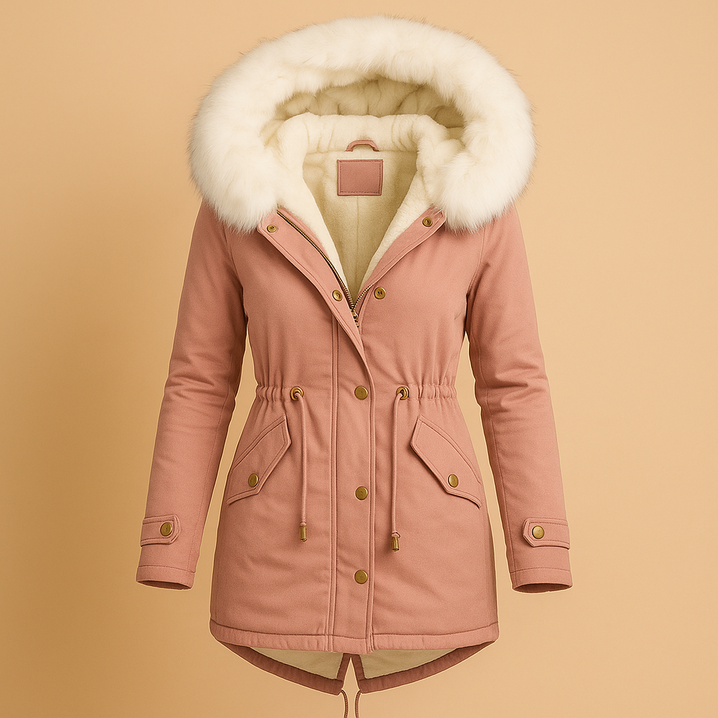 Women’s long winter coat with a faux fur hood, warm lining, and elegant fit, suitable for cold weather, winter walks, city trips, and travel.