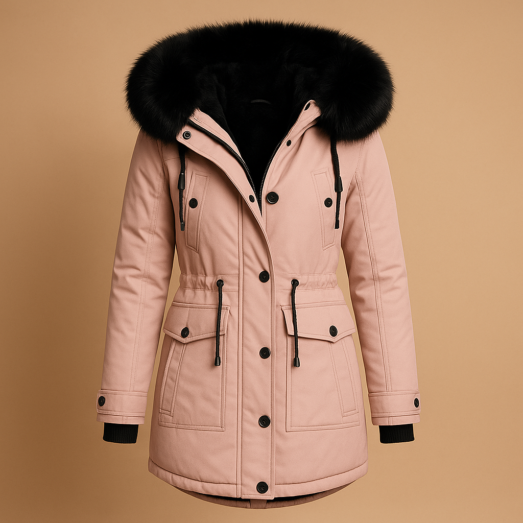 Women’s long winter coat with hood, faux fur collar, water-repellent finish, and extended fit, suitable for cold winter days and city wear.