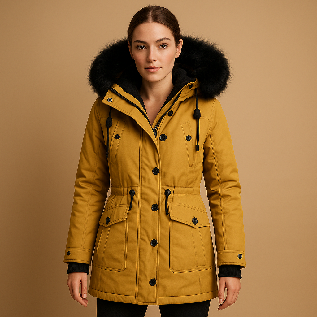 Women’s long winter coat with hood, faux fur collar, water-repellent finish, and extended fit, suitable for cold winter days and city wear.