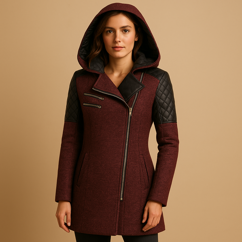Women’s long winter coat with hood and modern silhouette, suitable for cold days, everyday winter wear, and formal or casual occasions.