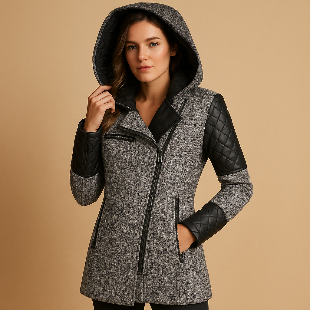 Women’s long winter coat with hood and modern silhouette, suitable for cold days, everyday winter wear, and formal or casual occasions.