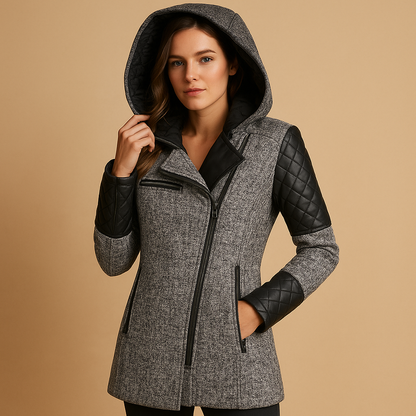 Women’s long winter coat with hood and modern silhouette, suitable for cold days, everyday winter wear, and formal or casual occasions.