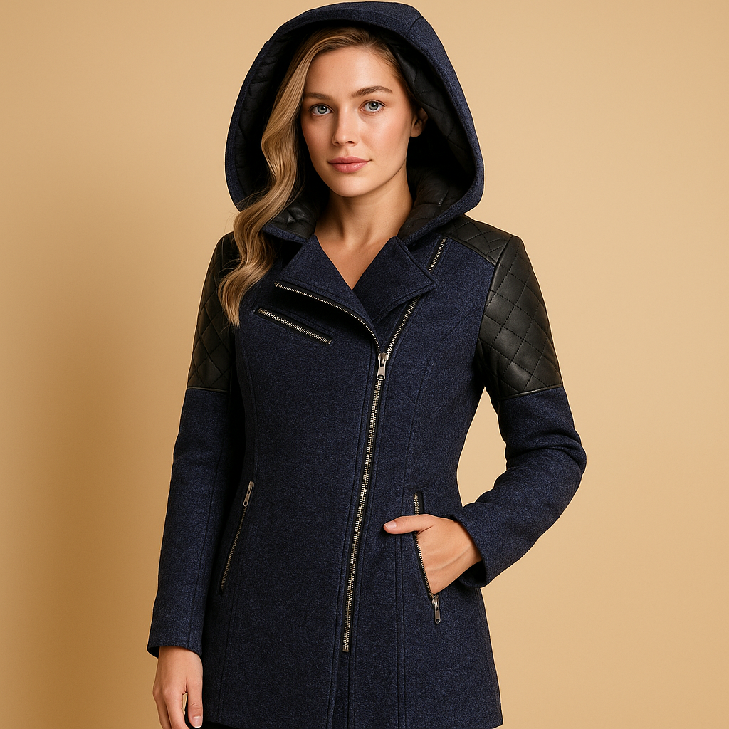 Women’s long winter coat with hood and modern silhouette, suitable for cold days, everyday winter wear, and formal or casual occasions.