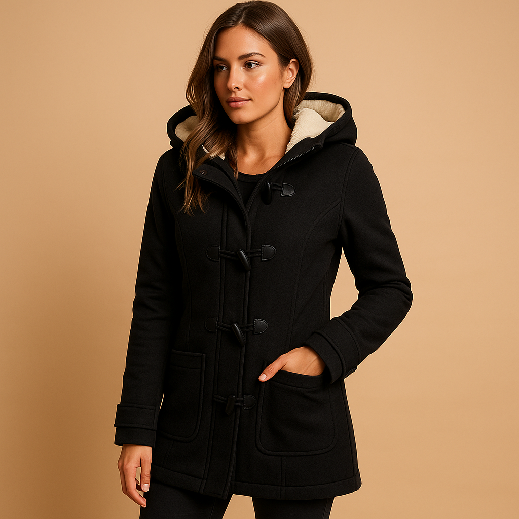 Long winter coat with hood for women featuring a wind-resistant design and elegant silhouette, perfect for cold weather.
