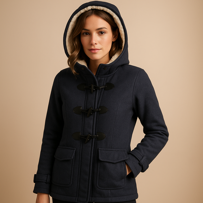 Long winter coat with hood for women featuring a wind-resistant design and elegant silhouette, perfect for cold weather.