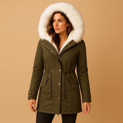 Women’s long winter coat with hood, warm lining, faux fur trim, and water-repellent finish, suitable for daily wear and winter travel.