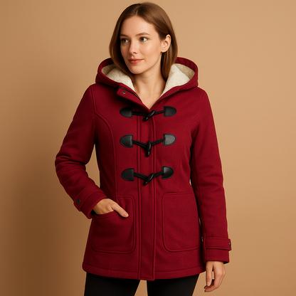 Women’s long winter coat with hood and extended silhouette, suitable for cold days, everyday wear, and stylish evening walks.