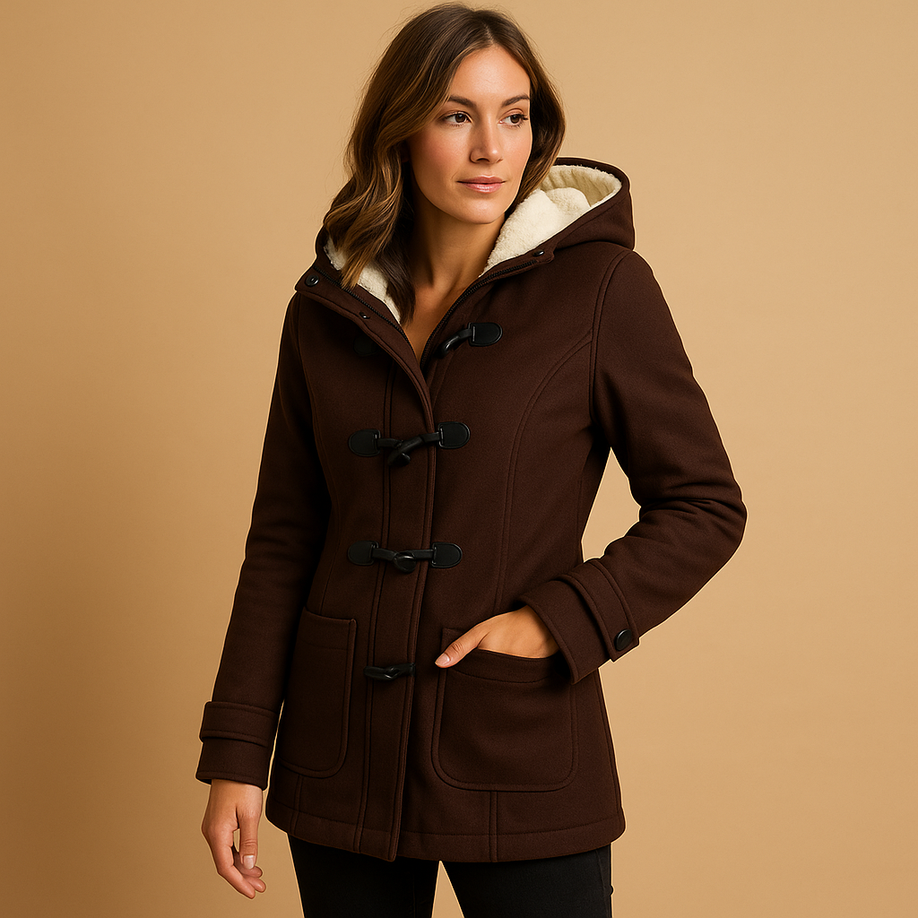 Women’s long winter coat with hood and extended silhouette, suitable for cold days, everyday wear, and stylish evening walks.
