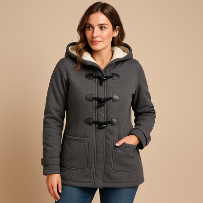 Women’s long winter coat with hood and extended silhouette, suitable for cold days, everyday wear, and stylish evening walks.