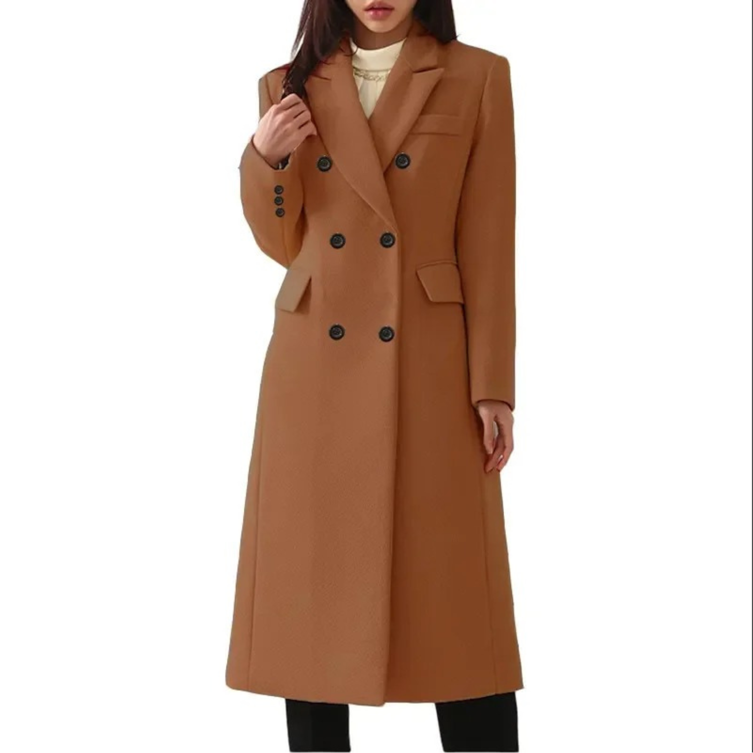 Long Wool Women's Coat with Double Collar - Elise-Dark Brown-S-Nora Luxe