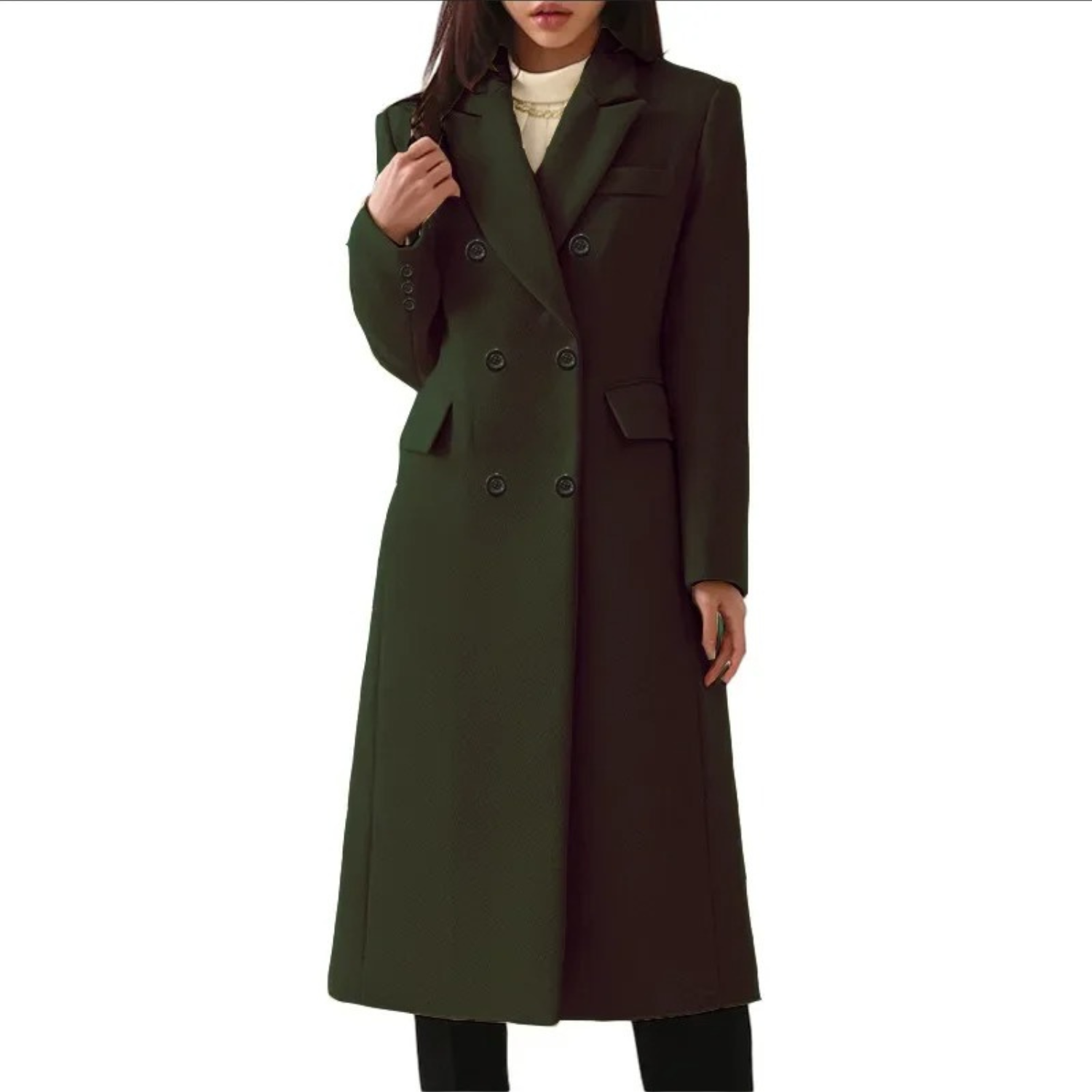 Long Wool Women's Coat with Double Collar - Elise-Dark Green-S-Nora Luxe