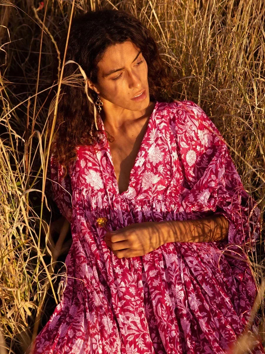 Comfy Floral V Neck Maxi Dress for Women