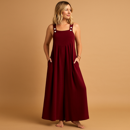 Women’s loose cotton overall with adjustable straps and breathable design. Available in multiple colors, ideal for summer outings, errands, or home wear.