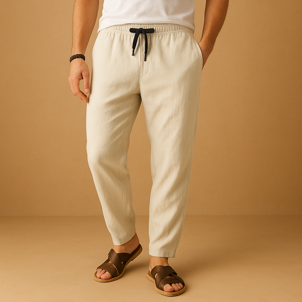 Men’s loose cotton pants with breathable fabric and relaxed fit, perfect for warm days, travel, or casual everyday wear.