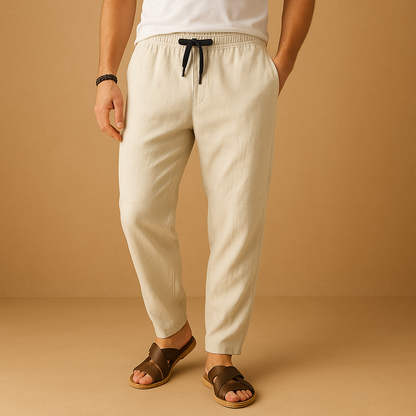 Men’s loose cotton pants with breathable fabric and relaxed fit, perfect for warm days, travel, or casual everyday wear.