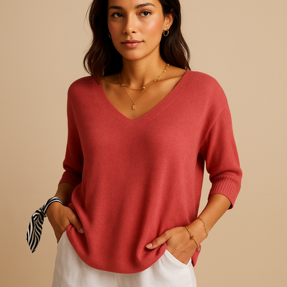 Elegant loose fit luxury top for women in soft neutral shades, perfect for everyday comfort or relaxed casual occasions.