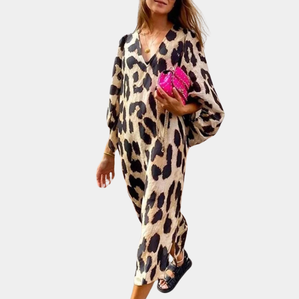 Comfortable Big Cat Print Maxi Dress - Pexav