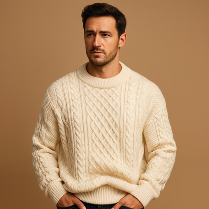 Men’s loose knit round-neck sweater with soft texture and relaxed fit, perfect for autumn, winter, and casual wear.