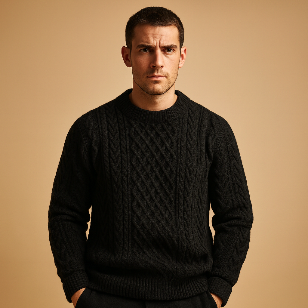 Men’s loose knit round-neck sweater with soft texture and relaxed fit, perfect for autumn, winter, and casual wear.