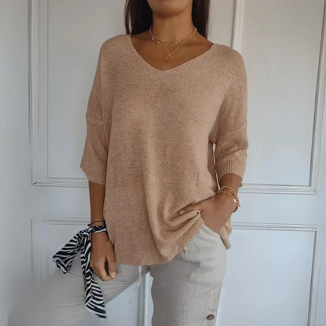 Relaxed Fit V Neck Knit Top with 3/4 Sleeves