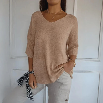 Relaxed Fit V Neck Knit Top with 3/4 Sleeves