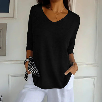 Relaxed Fit V Neck Knit Top with 3/4 Sleeves