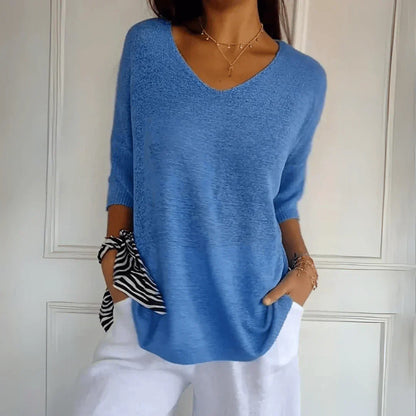 Relaxed Fit V Neck Knit Top with 3/4 Sleeves
